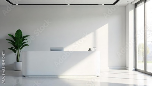 Fototapeta Naklejka Na Ścianę i Meble -  Modern minimalist reception desk in a bright, airy office space  Perfect for corporate, business, or professional settings  Clean lines, sleek design, and a welcoming atmosphere ,  business,  elegant