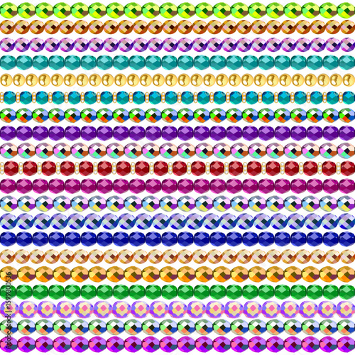 Colorful beaded necklaces arranged in horizontal striped pattern  