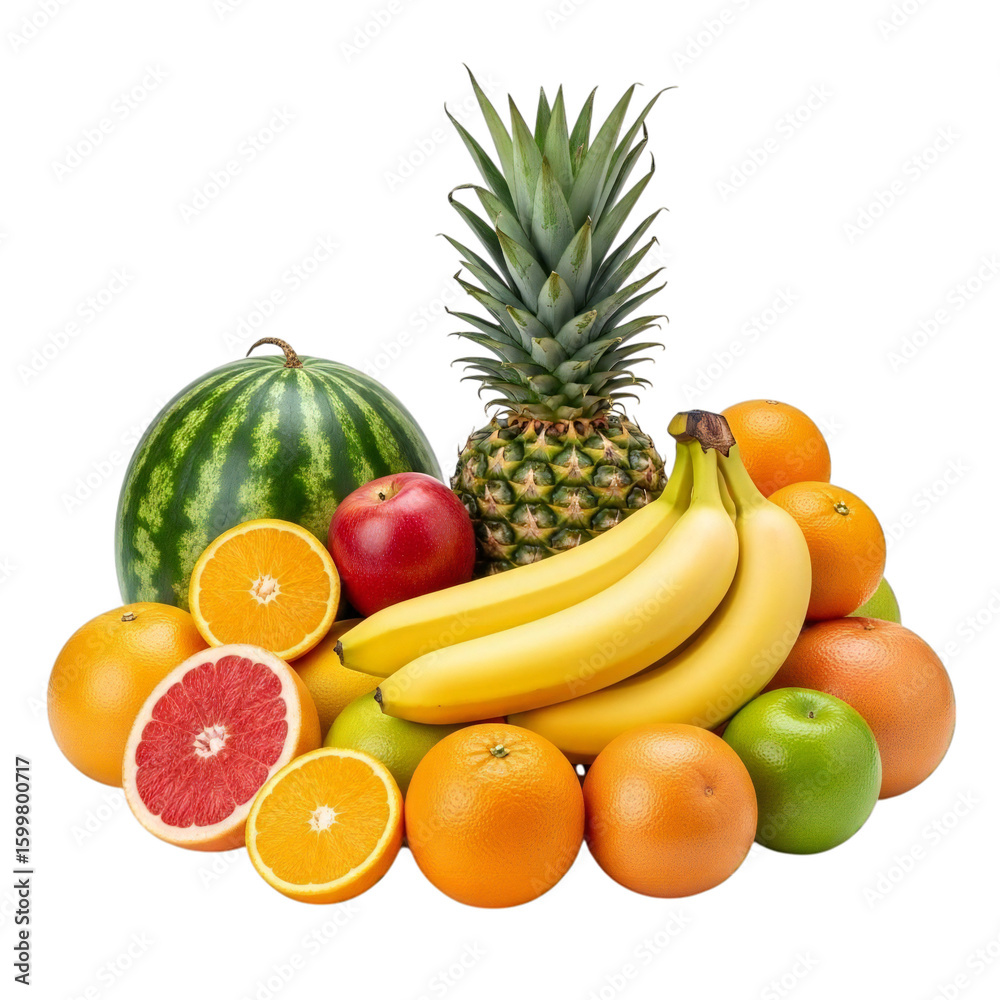 A vibrant and refreshing assortment of ripe tropical and citrus fruits including watermelon, pineapple, bananas, oranges, grapefruit, and apples A vibrant and refreshing assortment of ripe tropical and citrus fruits including watermelon, pineapple, bananas, oranges, grapefruit, and apples