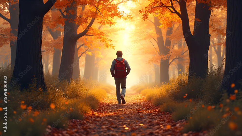 Fototapeta premium A serene walk through the autumn forest filled with orange leaves and golden sunlight