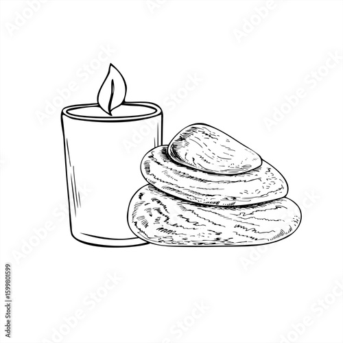 Monochrome Zen stone pyramid with burning candle vector illustration painted by black inks. Meditation and spa relaxation. For yoga studio decor, mindfulness blogs, self care product packaging.