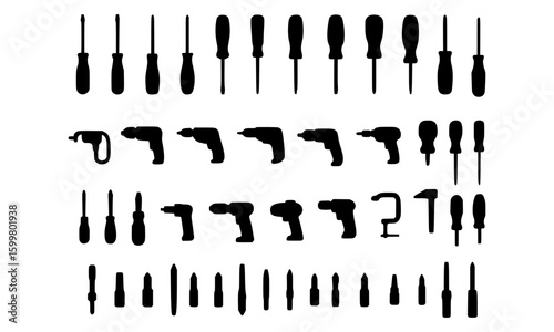 A diverse collection of black tool silhouettes, featuring various screwdrivers and drills, isolated on a white background for design projects.