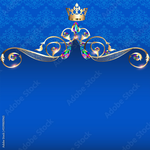 Ornate gold crown with jewels on blue decorative background  