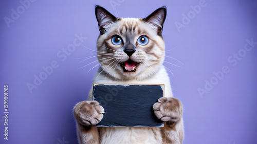 Funny cat with blue eyes holding blank sign on purple background

