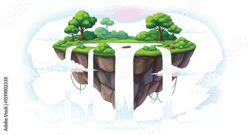 A serene floating island with lush greenery and cascading waterfalls creates a whimsical and enchanting fantasy landscape, perfect for storybooks or imaginative designs.