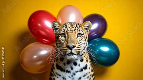 Creative portrait of leopard with colorful balloons on yellow background

