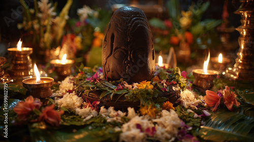 Pradosh Vrat: Shiva linga decorated with bilva leaves, flowers, and diya lamps, shot during Pradosham evening puja, sacred ambiance, clean background