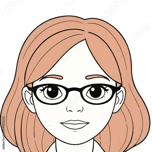Young girl with light brown hair wearing glasses, neutral expression, viewed from the midsection. Friendly female student posing for a picture in an imaginary setting.