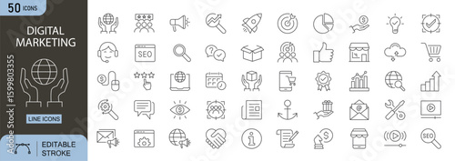 Digital Marketing icons set. Includes icons for SEO, email, content marketing, analytics, social media, conversion rate, online advertising, and mobile marketing. Line icons. Perfect for infographics.