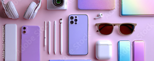 Trendy tech accessories and gadgets arranged on a pink surface showcasing modern lifestyle elements
