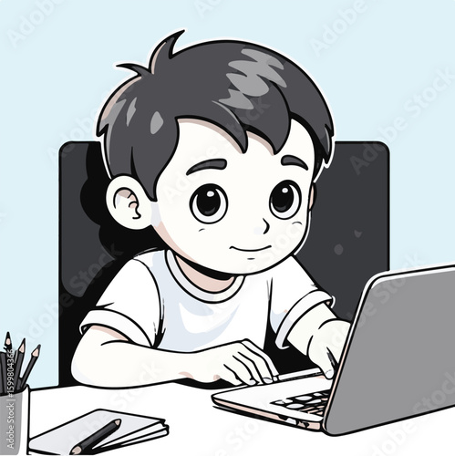 Young boy in casual attire working at a desk. Concentrated on a laptop in a home office setting. Child student using a computer at home -