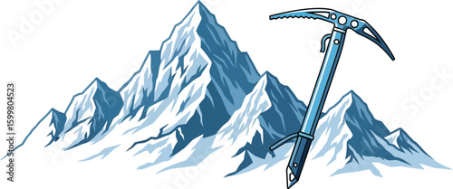 A stylized mountain range with snow-capped peaks is presented alongside a blue ice axe, evoking a sense of adventure, exploration, and the challenges of mountaineering.