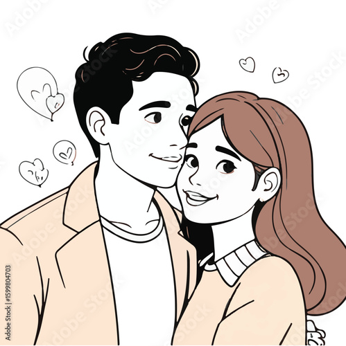 Young couple embracing lovingly, depicted in light peach colored clothing against a white background.