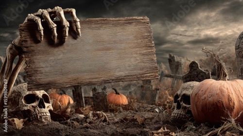 Skeleton hand holding wooden blank sign mockup among pumpkins in graveyard  