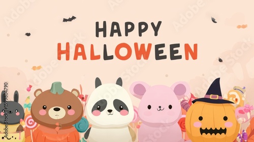 Happy Halloween banner with cute cartoon characters, pumpkin, and candy on minimalist light background