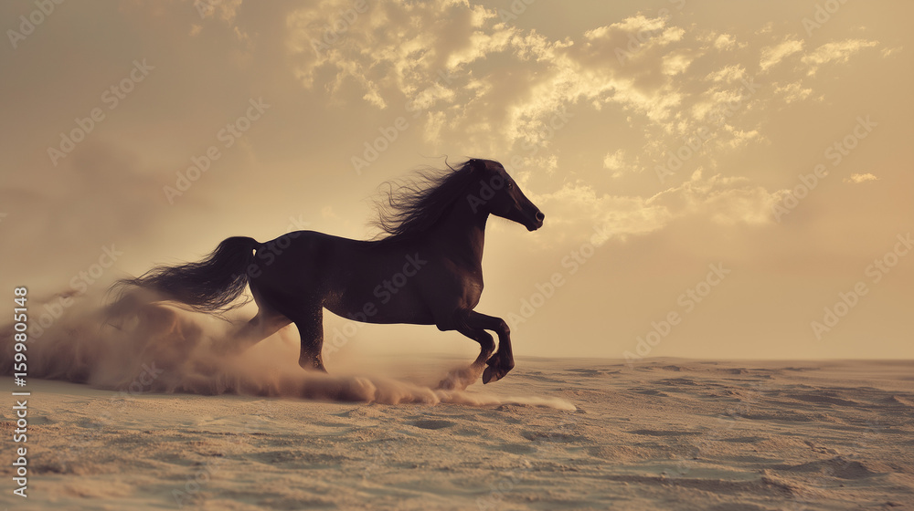 Fototapeta premium Majestic horse running through golden desert dust under a warm sunset, capturing dynamic motion.