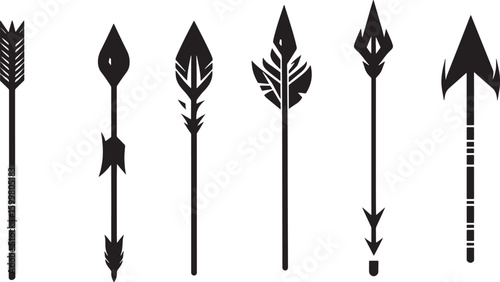 Six black tribal arrowheads on white background primitive