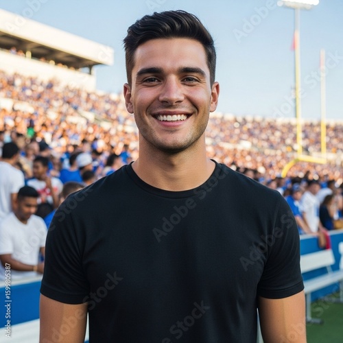 a 20 year old handsome smiling young man wearing blank black unisex t-shirt at football game at an outdoor stadium. casual, fashion, modern, sporty, standing, excited, attractive, confident, lifestyle