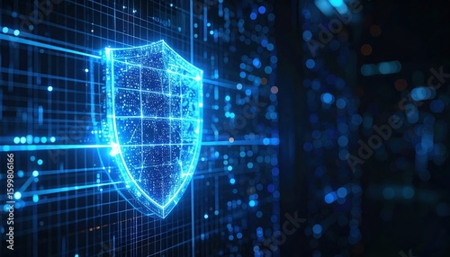 Digital shield security protection technology concept with glowing blue hologram armor and network digital lines representing cybersecurity defense