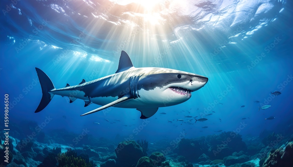Naklejka premium Majestic great white shark in sunlit underwater scene