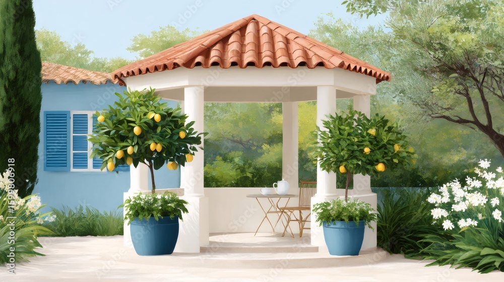Fototapeta premium Mediterranean patio with gazebo and lemon trees growing in pots