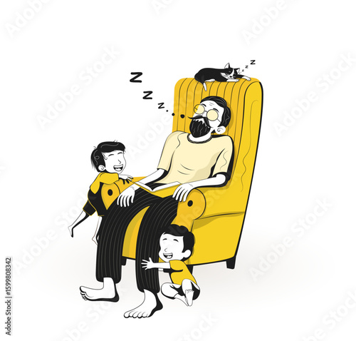 Grandfather and a cat sleeping on a chair while his two grandchildren play and bother him. Cartoon vector illustration