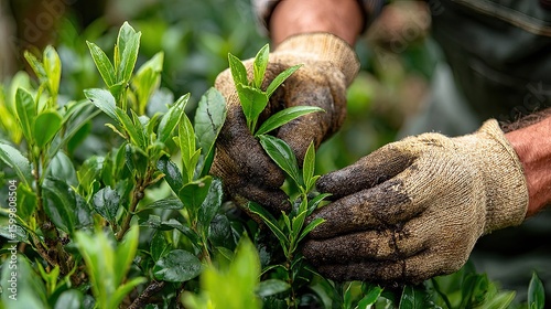 Gardener pruning green bush, outdoor maintenance, plant care, landscaping job, home garden scene, eco activity