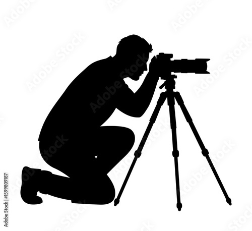 Silhouette illustration of a man taking a photo with a camera and tripod, suitable for photography-themed designs