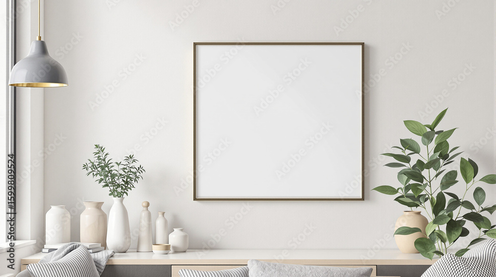 Fototapeta premium Minimalist interior scene featuring a large, square, blank frame on a light grey wall, flanked by a small plant and a collection of vases and greenery on a console table, all in muted, neutral tones, 