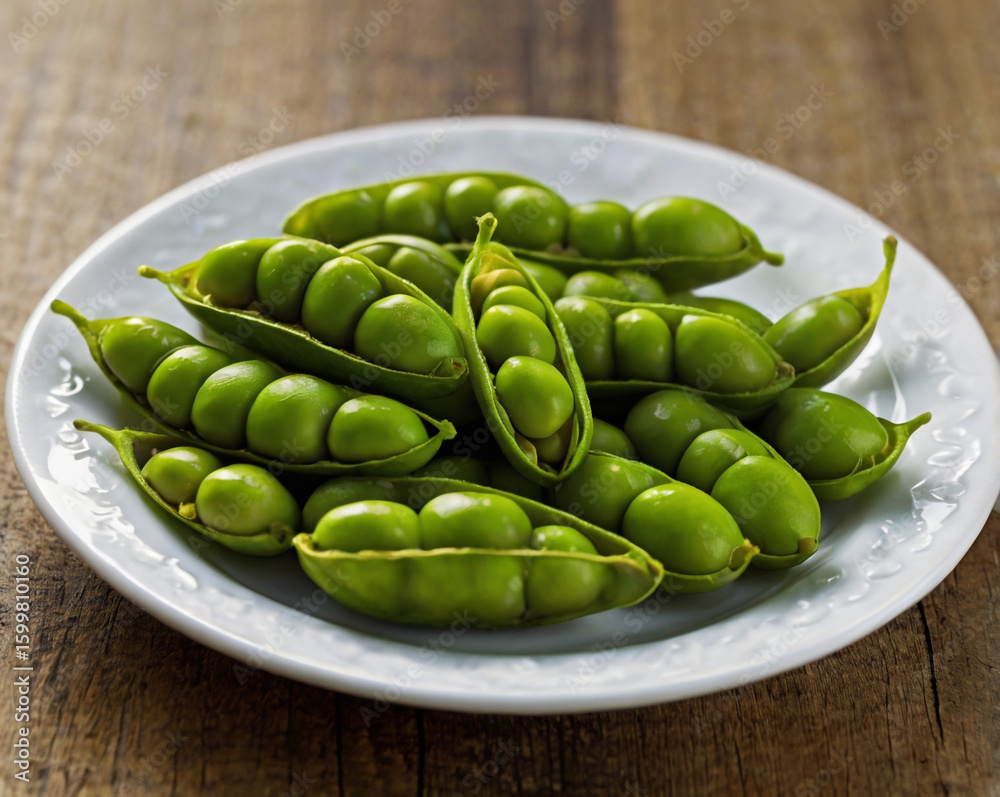 Fresh green peas in pods on white plate healthy Fresh green peas in pods on white plate healthy