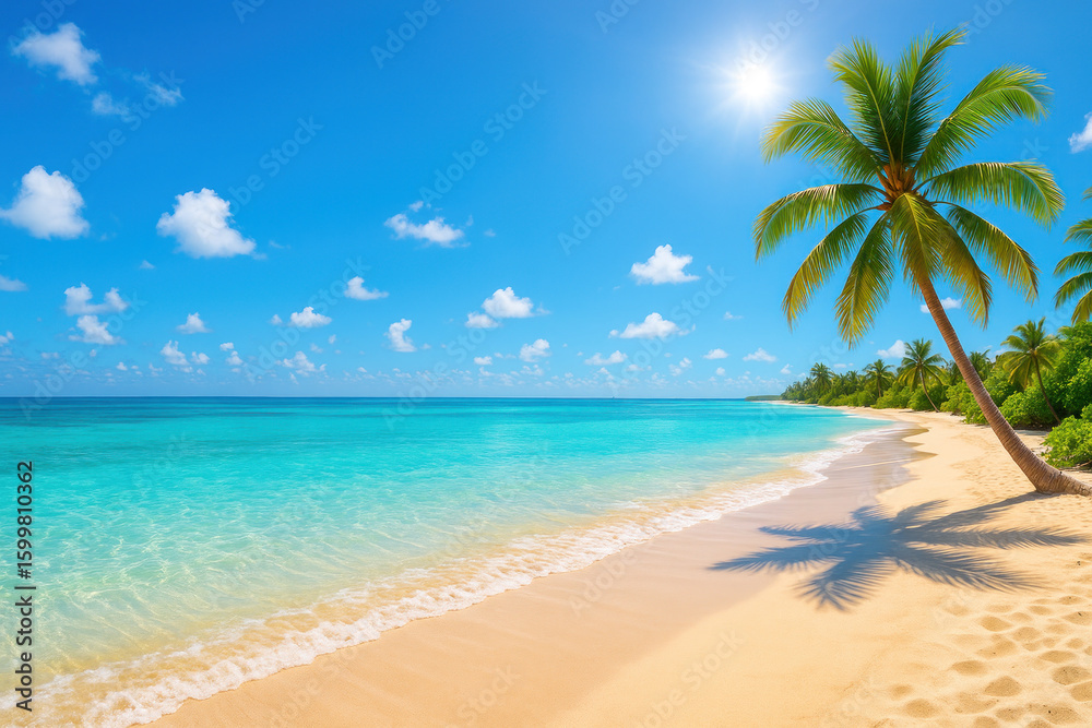 Fototapeta premium Clear water laps at a sandy shore lined with palm trees.
