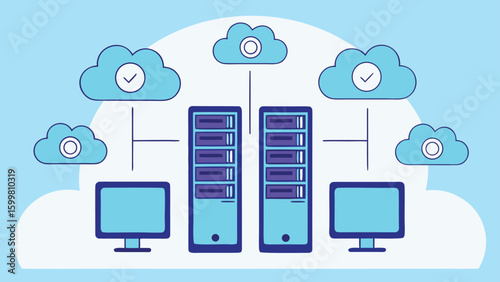 Secure Cloud Computing Network:  Modern Flat Design Illustration Featuring Servers, Connected Devices, and Cloud Data Storage, Representing Data Security and Efficient Data Transfer.