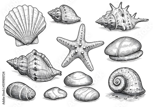 A Detailed Collection of Sea Shells and Starfish Illustrations Captured in Fine Art Style