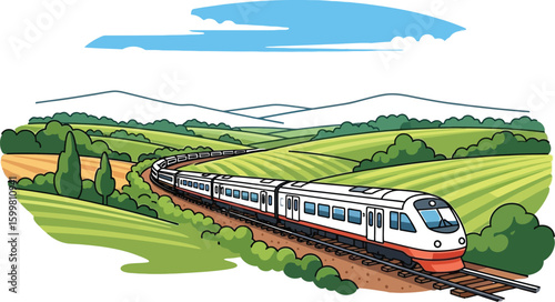 A vibrant cartoon illustration showcases a modern train gracefully winding through a lush green countryside landscape with rolling hills and a clear blue sky.