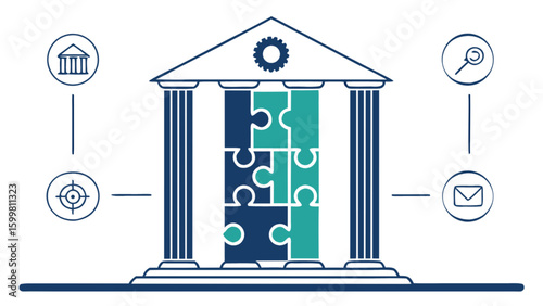 Bank building puzzle pieces solution strategy financial institution business integration teamwork concept