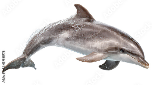 Baby Dolphin Leaping: A flat lay of a baby dolphin leaping out of the water, isolated on a Transparent background, PNG file.