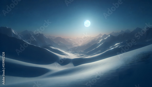 Full Moon Over Snowy Mountain. A serene full moon illuminating snow-covered mountain peaks at night.