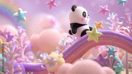 Cute Panda on Rainbow Slide in Dreamy Pastel World