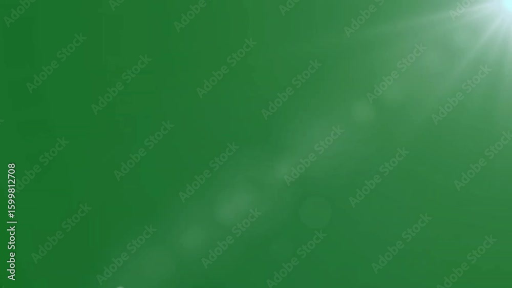 Top right side sun rays on green screen. 4K beautiful white spotlight effects moving on top left. Flash lights, bright light lens flare effect
