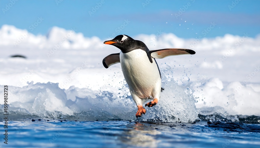 Fototapeta premium Gentoo penguin leaping from icy water
