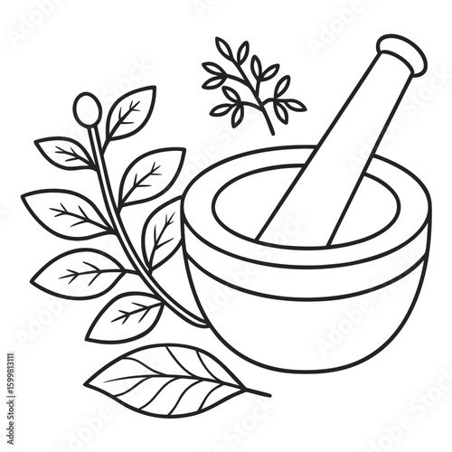Mortar pestle with herbal branches herbs leaves