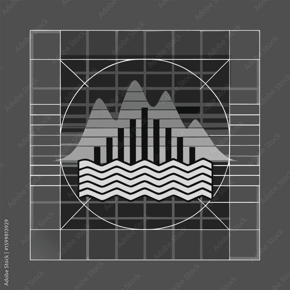 Naklejka premium Abstract grayscale waveform graph with grid and circular frame vector