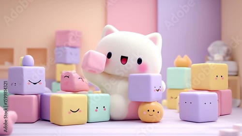 Cute Cat Playing with Pastel Building Blocks