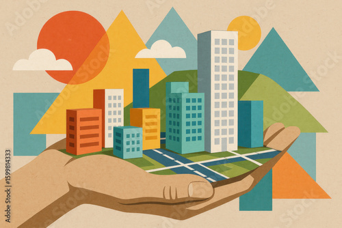 Hand holding miniature city with buildings and trees.