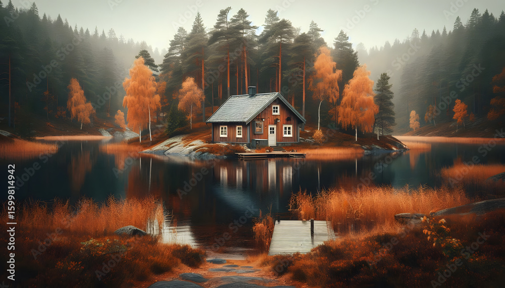 Obraz premium Autumn Cabin by Swedish Lake. A cozy wooden cabin beside a still lake surrounded by fall foliage in Sweden.