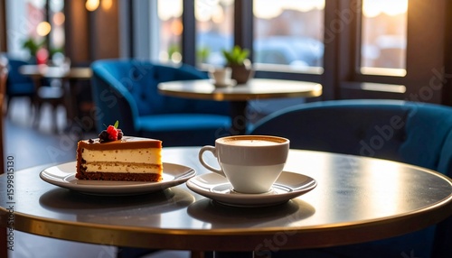 Wallpaper Mural Cafe Delight: Coffee and Cheesecake in a Sunlit Cafe Torontodigital.ca