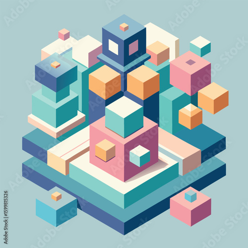 Geometric composition with pastel colored cubes and blocks abstract isometric