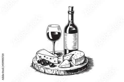 Wine and Cheese Board line art Illustration