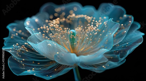 Luminous teal coral flower glowing softly against black background representing underwater fantasy or elegance