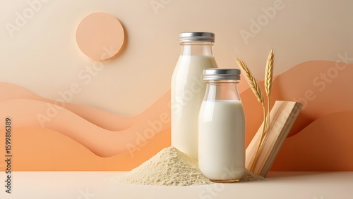 Oat Milk Bottles with Powder and Wheat Minimalist Product Photography